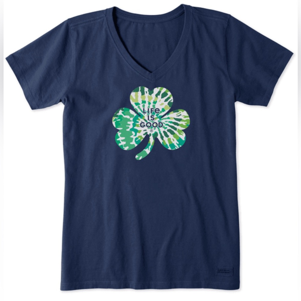 Life is Good shamrock tee women’s medium tie dye green navy blue shirt lucky